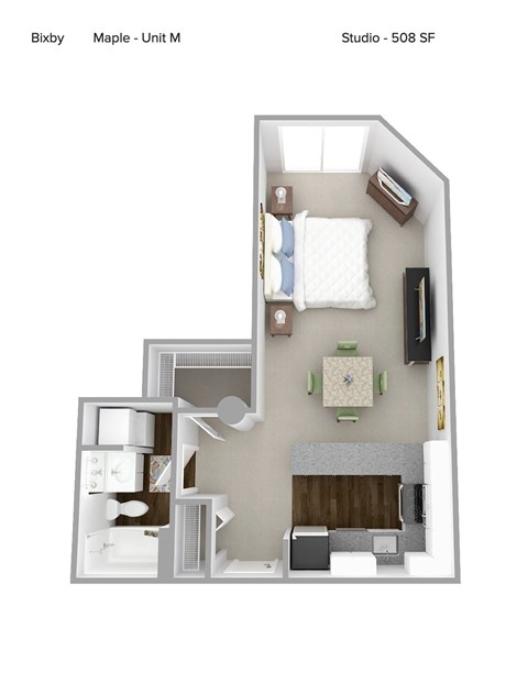 A 3D floor plan of a studio apartment with a bed, desk, and kitchenette.
