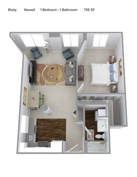 A 1 Bedroom - 1 Bathroom apartment in Bixby, Newell with 735 SF.