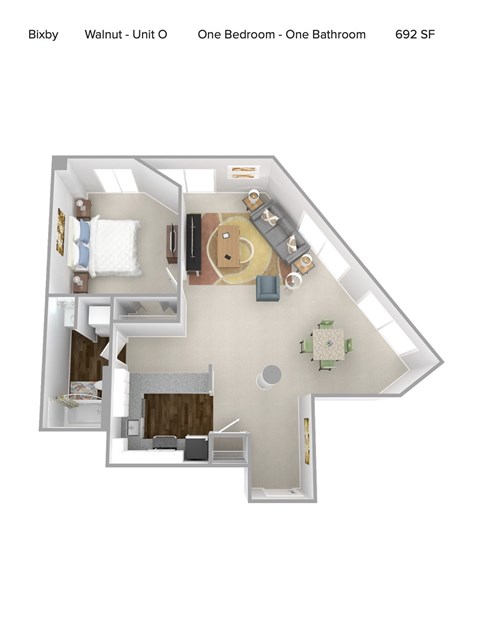 A floor plan of a one bedroom, one bathroom apartment in Bixby, Walnut.