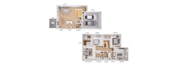 A floor plan of a two-bedroom apartment with a living room, kitchen, and bathrooms.
