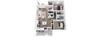 A top-down view of a small apartment with a kitchen, living room, bedroom, and bathroom.