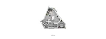 A floor plan of a house with a living room, kitchen, and two bedrooms.