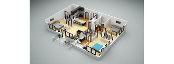 A 3D rendered image of a small apartment layout.