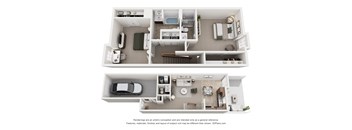 A diagram of a house with two floors, a living room, a kitchen, a dining room, and a bedroom.