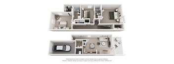 A 3D floor plan of a house with a kitchen, living room, and two bedrooms.