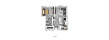 A floor plan of a small apartment with a living room, kitchen, and bathroom.