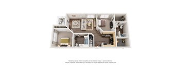 A 3D floor plan of a house with a kitchen, living room, and bathroom.