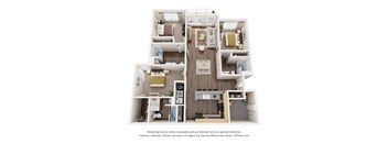 A 3D floor plan of a small apartment with a kitchen, living room, and bathroom.