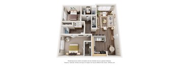 A 3D floor plan of a small apartment with a kitchen, living room, and bedroom.