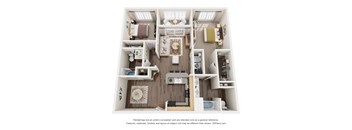 A 3D floor plan of a small apartment with a kitchen, living room, and bathroom.