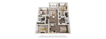A 3D floor plan of a small apartment with a kitchen, living room, and two bedrooms.