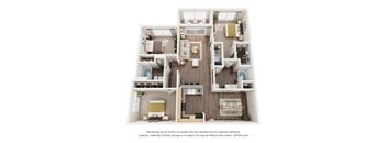 A 3D floor plan of a small apartment with a kitchen, living room, and two bedrooms.