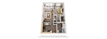A 3D floor plan of a small apartment with a kitchen, living room, and bathroom.