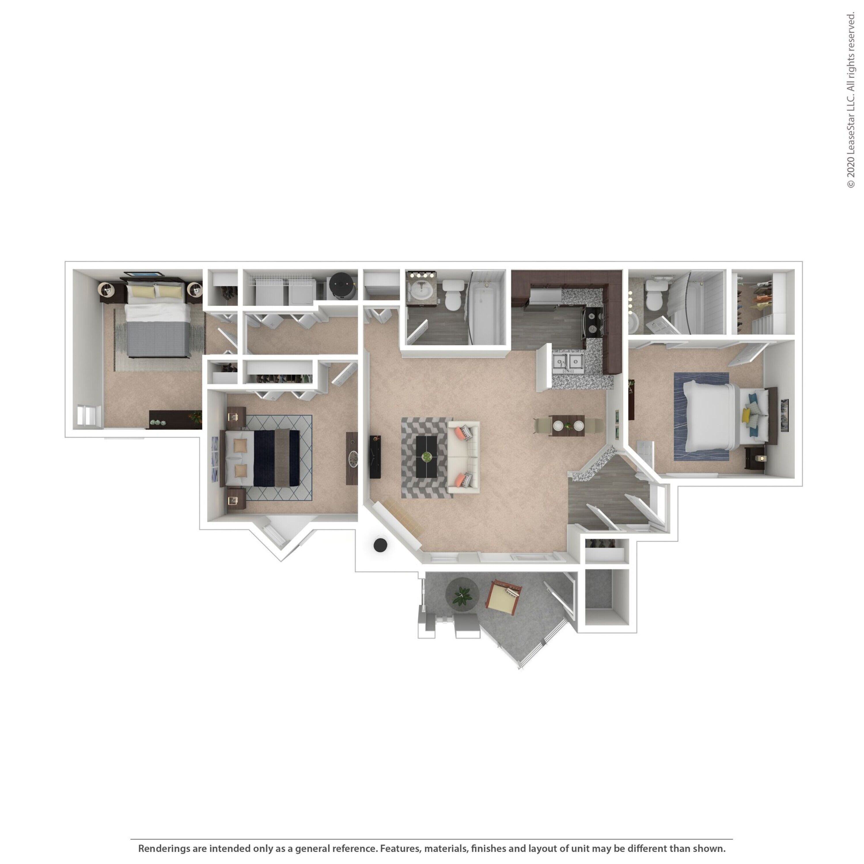 A floor plan of a two-bedroom apartment with a living room, kitchen, and bathroom.