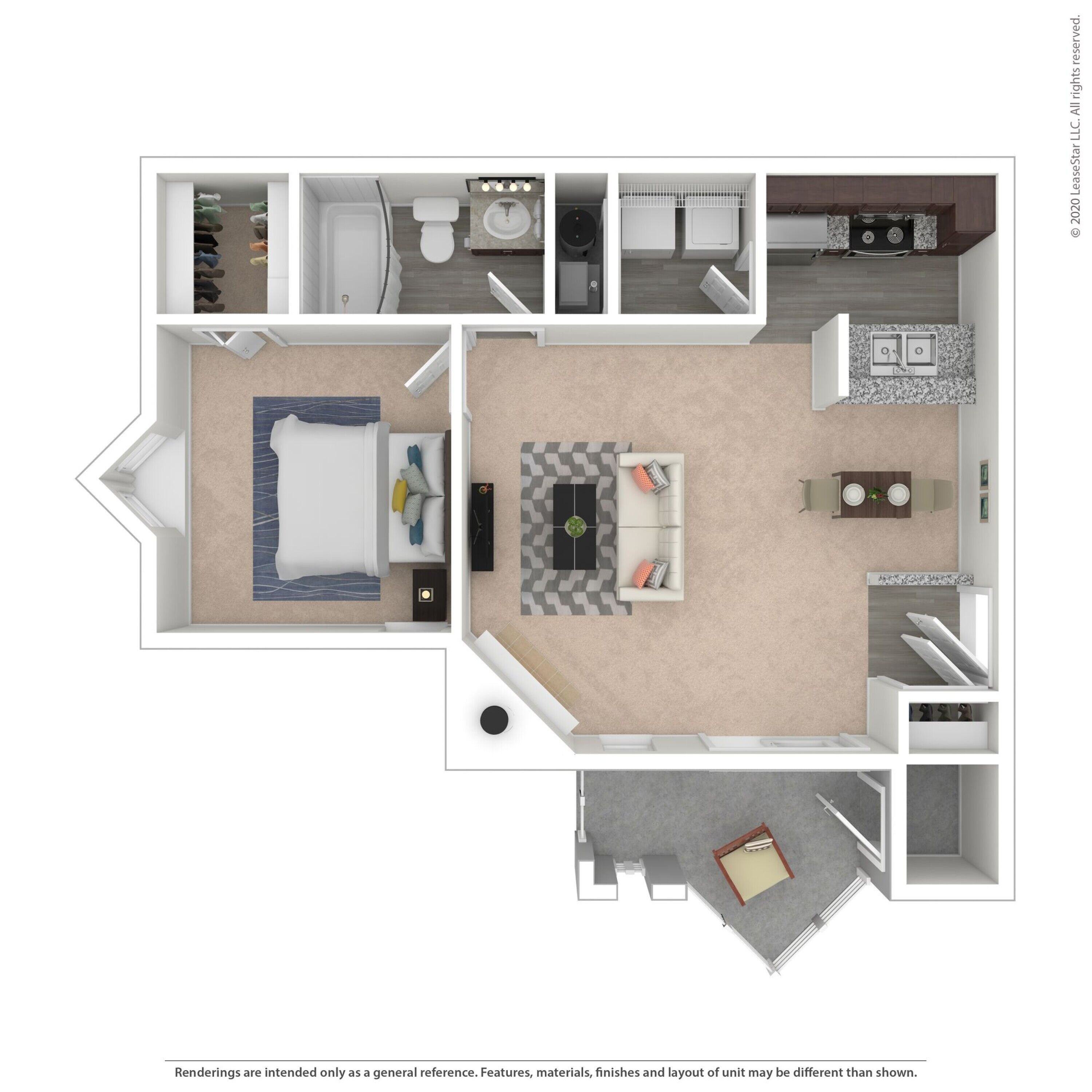 A 3D rendered image of a floor plan of a house.