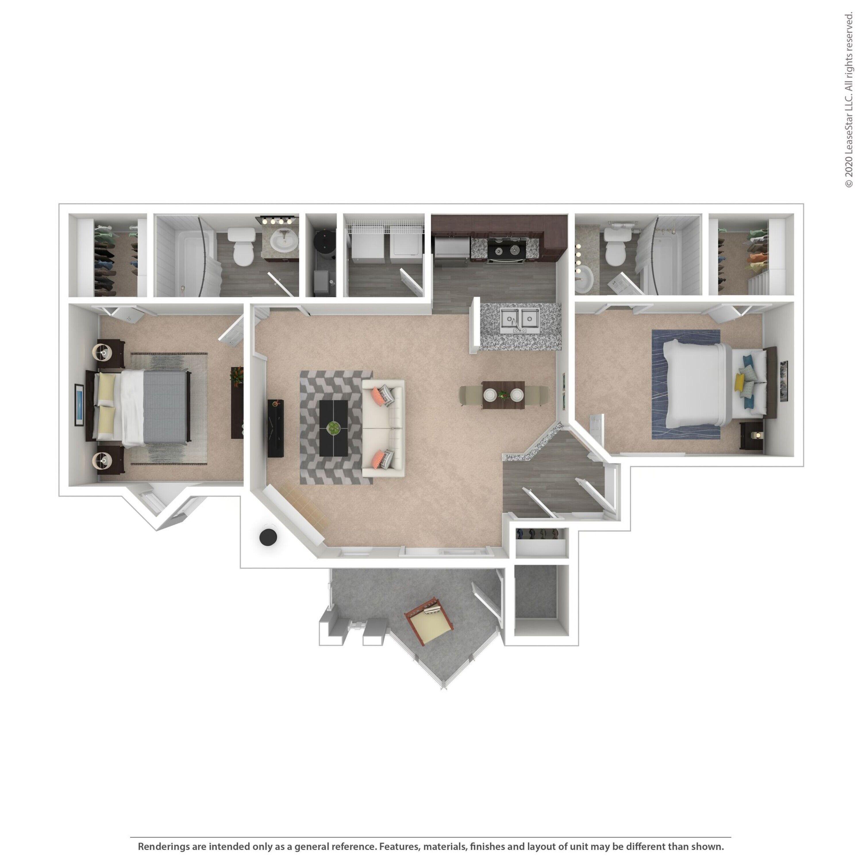 A floor plan of a house with a kitchen, living room, and two bedrooms.
