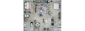 A top-down view of a well-organized apartment with a kitchen, living room, and dining area.
