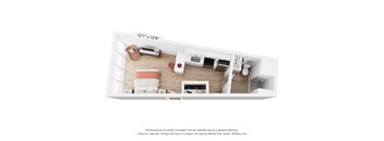 A 3D floor plan of a small apartment with a kitchen, living room, and bedroom.