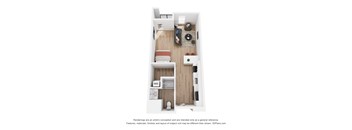 A 3D floor plan of a small apartment with a kitchen, living room, and bathroom.