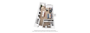 A 10x10 foot room with a kitchen, living room, and bathroom.