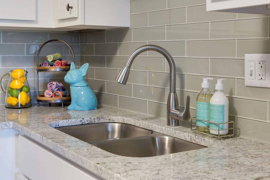 a kitchen with a sink and a faucet