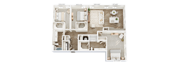 A 3D floor plan of a house with labeled dimensions.