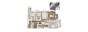 A 3D floor plan of a house layout.