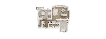 A 3D rendered image of a house layout.