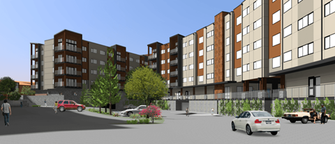A rendering of a modern apartment complex with cars parked in the driveway.