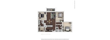 A floor plan of a two-bedroom apartment with a living room, kitchen, and bathroom.