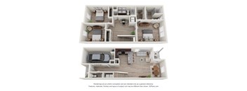 A 3D floor plan of a house with two bedrooms, two bathrooms, a living room, a kitchen, and a garage.