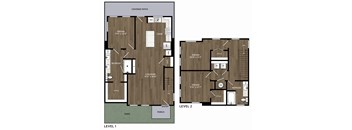 A floor plan shows two levels of a house with labeled rooms and dimensions.