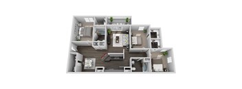 A 3D floor plan of a house with a kitchen, living room, dining room, and two bedrooms.