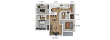 A floor plan of an apartment with three bedrooms, a kitchen, an entry way, a living room, a dining room, and a bathroom.