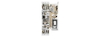 a stylized floor plan of a house with a car in the garage