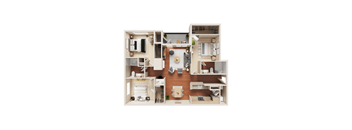 A 3D floor plan of a house layout.