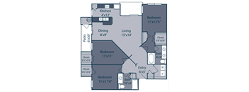 A floor plan of a house with a kitchen, living room, dining room, and four bedrooms.
