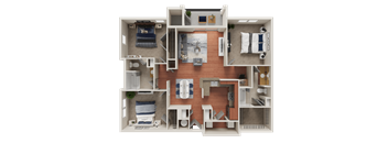A detailed 3D floor plan of a small apartment layout.