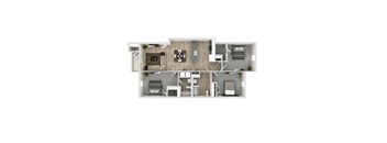 A 3D floor plan of a small apartment with a kitchen, living room, and bedrooms.