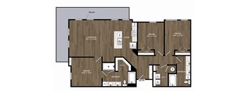 A floor plan of a house with a kitchen, dining area, and two bedrooms.