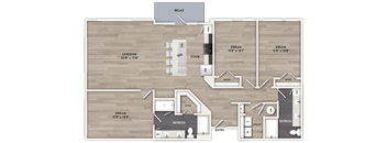 A floor plan of a house with a living room, dining room, kitchen, and bathrooms.