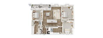A floor plan of a house with a kitchen, living room, dining room, and bathrooms.
