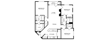 A black and white image of a house floor plan with a living room, kitchen, dining room, and two bedrooms.