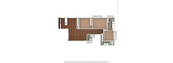 A floor plan of a small apartment with a bedroom, bathroom, and kitchen.