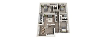 A 3D floor plan of a house with a kitchen, living room, and bedrooms.