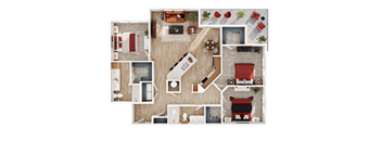 A top-down view of a house layout with a living room, kitchen, and bedrooms.