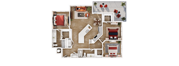 A top-down view of a house layout with various rooms and furniture.