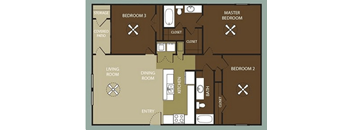 A floor plan of a home with three bedrooms and a living area.