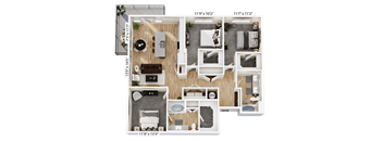 A floor plan of a house with a living room, kitchen, and bathroom.