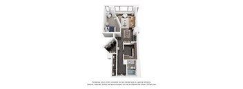 A 3D floor plan of a small apartment with a kitchen, living room, and bathroom.